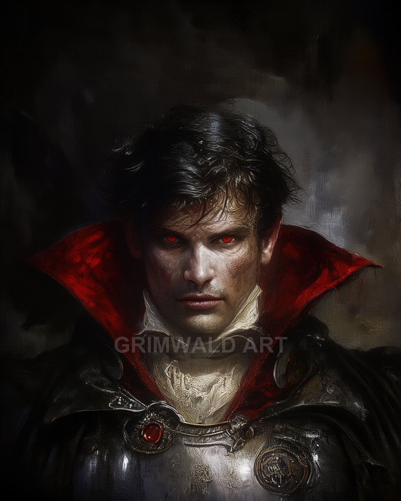 Close-up portrait of a male vampire with glowing red eyes, black armour and a crimson-collared cloak, painted against a dark, moody background.