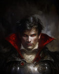 GRID THUMBNAIL — Close-up portrait of a male vampire with glowing red eyes, black armour and a crimson-collared cloak, painted against a dark, moody background.