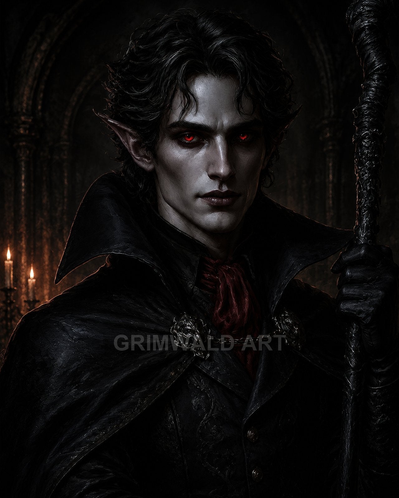 Pale vampire noble with glowing red eyes and a high-collared black cloak holds a staff before gothic arches and candlelight.