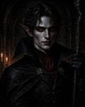 GRID THUMBNAIL — Pale vampire noble with glowing red eyes and a high-collared black cloak holds a staff before gothic arches and candlelight.