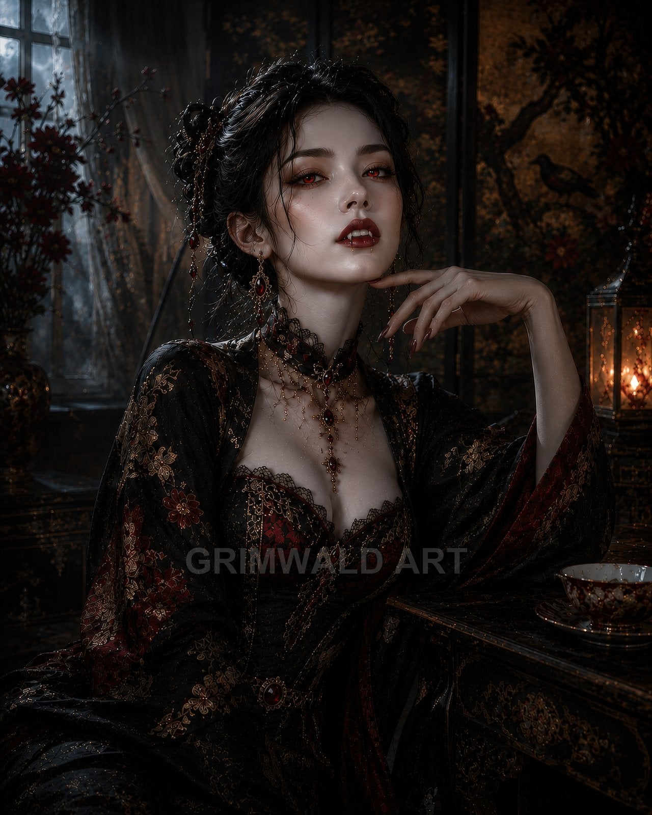 Gothic vampire woman with crimson eyes and elaborate jewellery sits in a dim, ornate interior beside a lantern and teacup, lit by warm firelight.