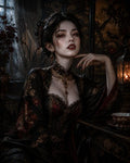 GRID THUMBNAIL — Gothic vampire woman with crimson eyes and elaborate jewellery sits in a dim, ornate interior beside a lantern and teacup, lit by warm firelight.