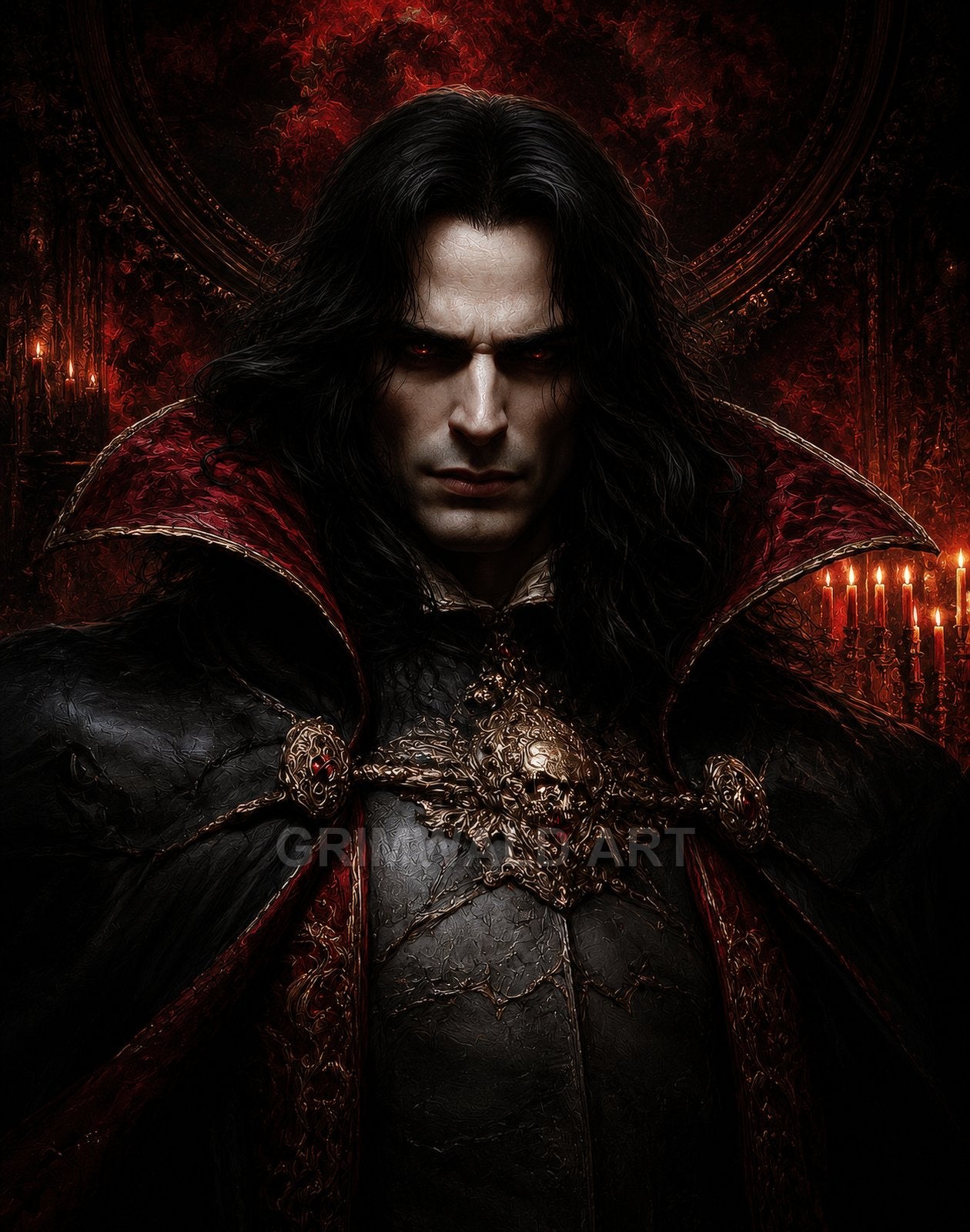 Dark-haired vampire noble with glowing red eyes and ornate armour, posed against candlelit gothic interior with rich crimson hues and intricate detailing.