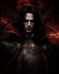 GRID THUMBNAIL — Dark-haired vampire noble with glowing red eyes and ornate armour, posed against candlelit gothic interior with rich crimson hues and intricate detailing.
