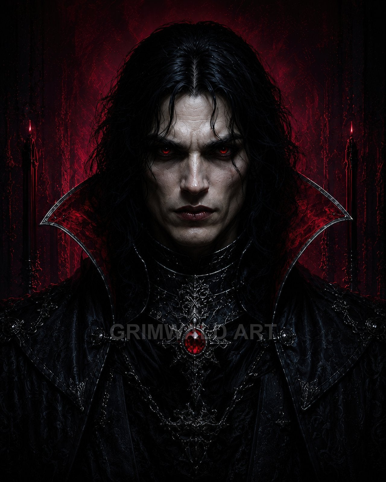 Gothic portrait of a pale male vampire with glowing red eyes, ornate black armour and high collar, crimson pendant, against a dark red backdrop.