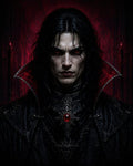GRID THUMBNAIL — Gothic portrait of a pale male vampire with glowing red eyes, ornate black armour and high collar, crimson pendant, against a dark red backdrop.