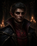 GRID THUMBNAIL — Candlelit portrait of a pale male vampire with red eyes and pointed ears, wearing ornate crimson attire and high-collared cloak in a gothic interior.