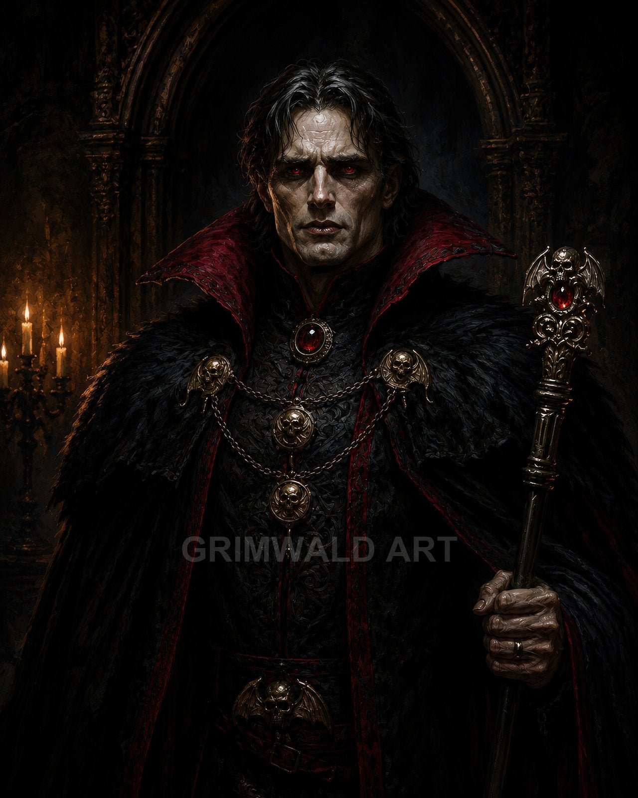 A pale, red-eyed vampire noble in black and crimson finery holds a jewelled staff before candlelit gothic arches inside a shadowed castle.