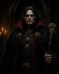 GRID THUMBNAIL — A pale, red-eyed vampire noble in black and crimson finery holds a jewelled staff before candlelit gothic arches inside a shadowed castle.