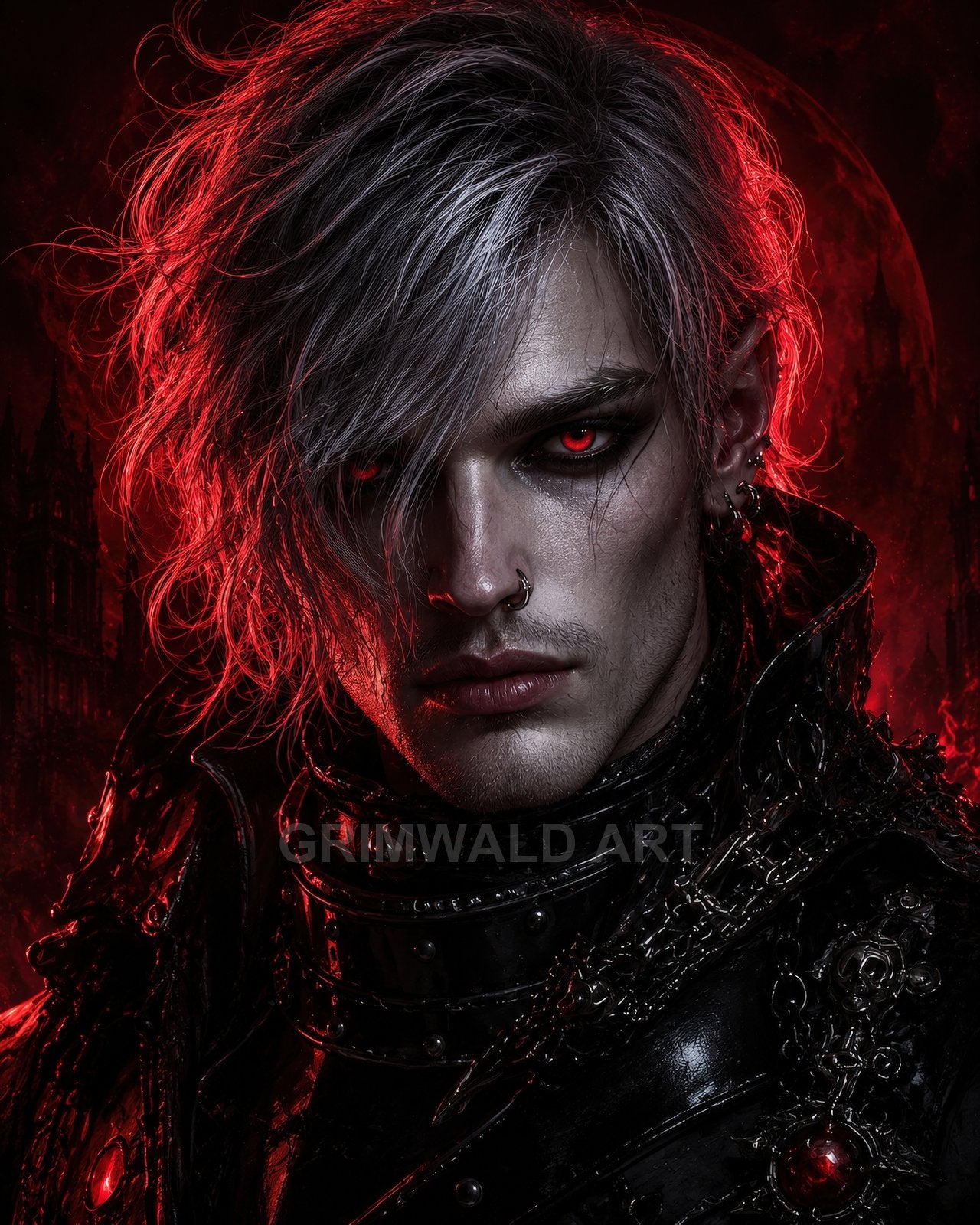 Close-up portrait of a pale male vampire with red glowing eyes and silver hair, in ornate black armour before a blood-red moon.