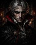 GRID THUMBNAIL — A dark gothic portrait of a pale male vampire with silver hair and red eyes, high-collared black cloak, ornate brooch, candles in a cathedral.