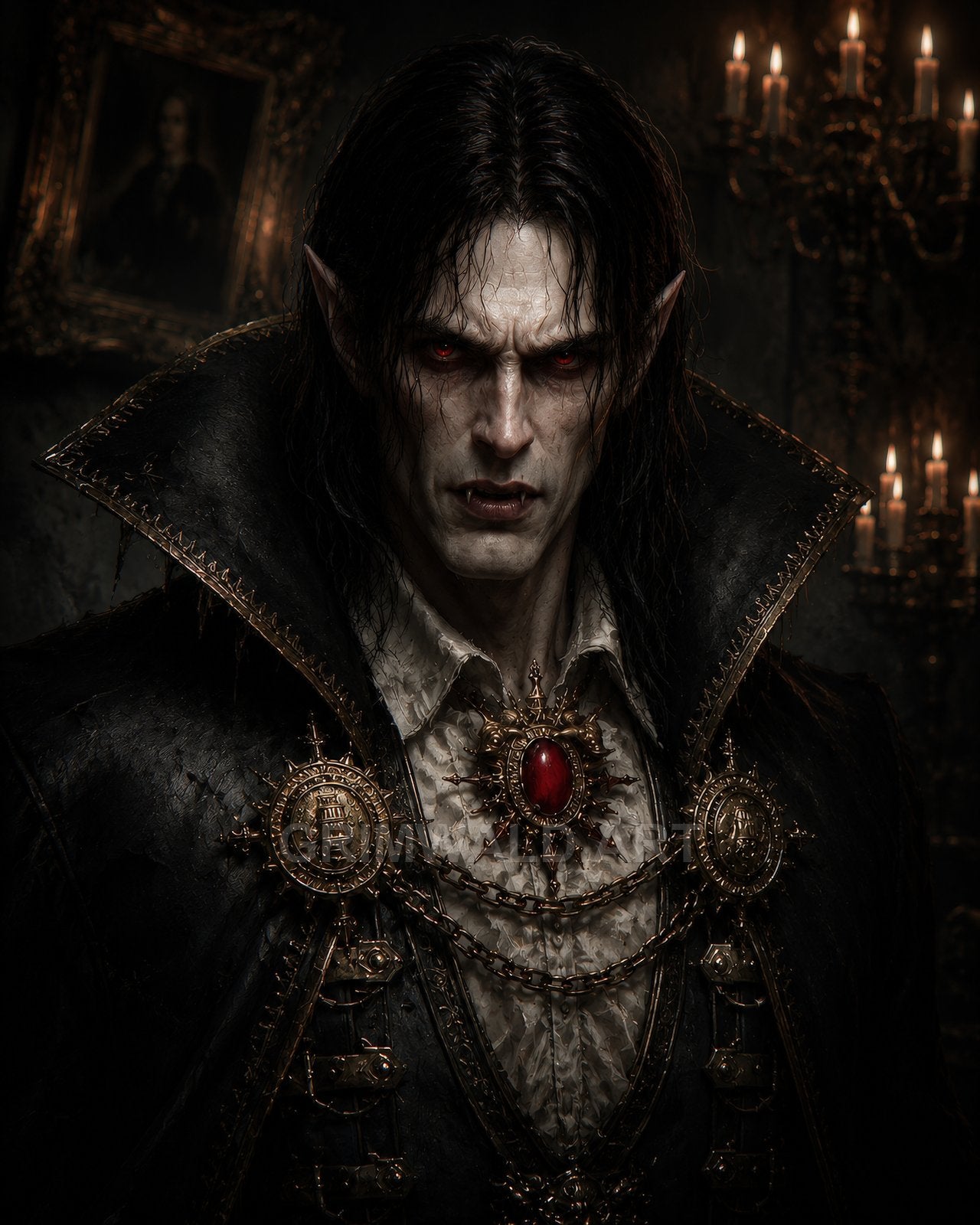 Pale male vampire with red eyes, fangs, ornate black coat, high collar, gold chains and ruby medallion, lit by candelabra in a dark interior.