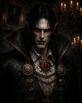 GRID THUMBNAIL — Pale male vampire with red eyes, fangs, ornate black coat, high collar, gold chains and ruby medallion, lit by candelabra in a dark interior.