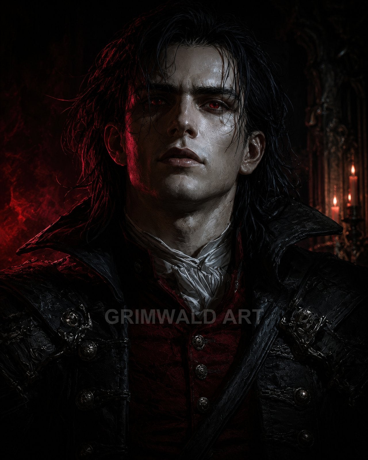 Brooding male vampire with red eyes and dark hair, wearing an ornate black coat, lit by red rim light and candlelight in a gothic interior.