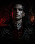 GRID THUMBNAIL — Brooding male vampire with red eyes and dark hair, wearing an ornate black coat, lit by red rim light and candlelight in a gothic interior.