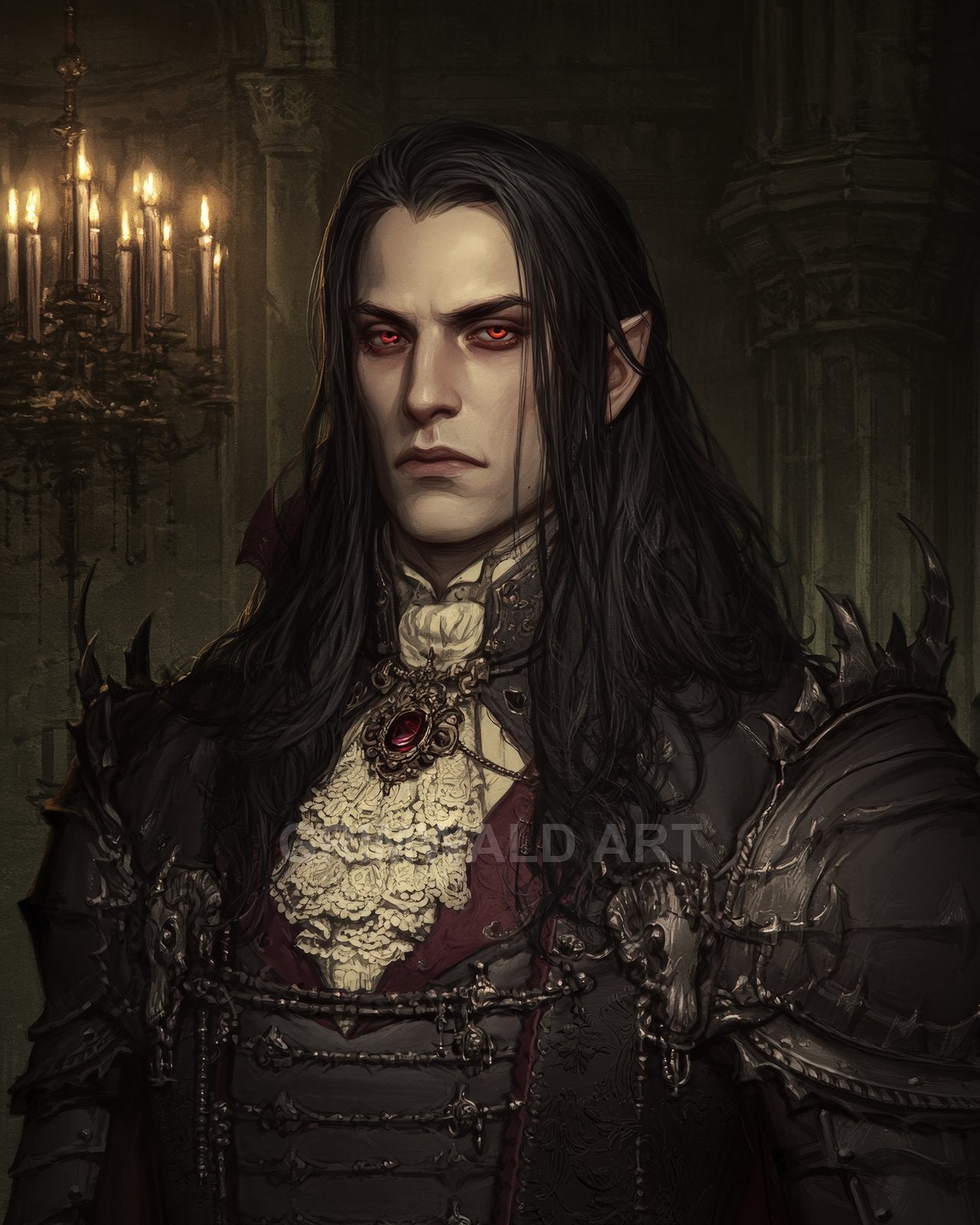 Gothic portrait of a pale, red-eyed vampire noble in spiked black armour and lace cravat, wearing a ruby pendant, before a candlelit castle interior.