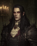 GRID THUMBNAIL — Gothic portrait of a pale, red-eyed vampire noble in spiked black armour and lace cravat, wearing a ruby pendant, before a candlelit castle interior.
