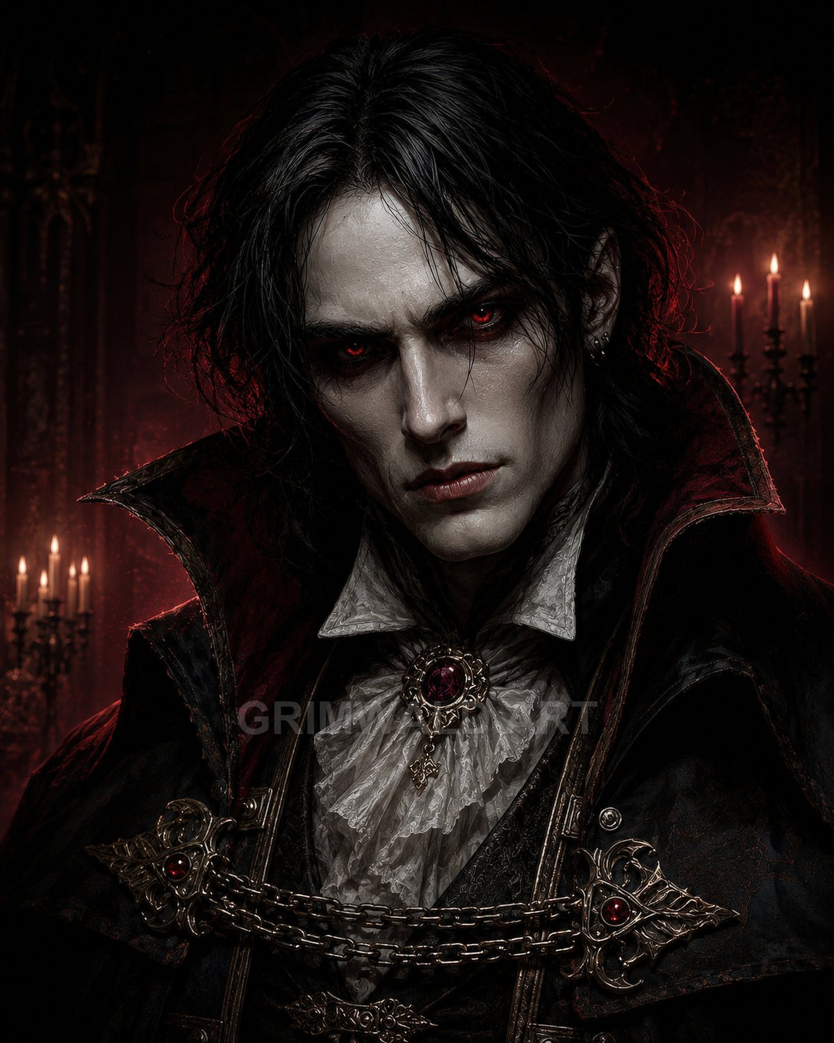 Brooding male vampire with crimson eyes, pale skin, ornate black cloak and ruffled cravat, before candelabras in a dim, firelit gothic interior.