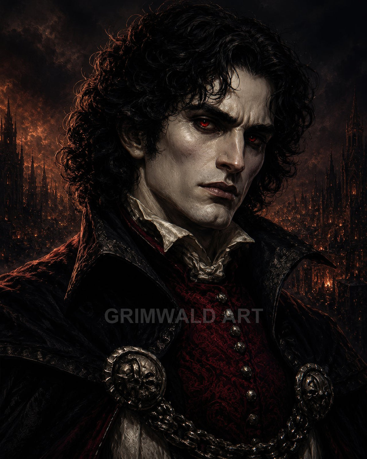Portrait of a pale male vampire with red eyes and ornate cloak, standing before a burning gothic city at night.