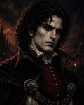 GRID THUMBNAIL — Portrait of a pale male vampire with red eyes and ornate cloak, standing before a burning gothic city at night.
