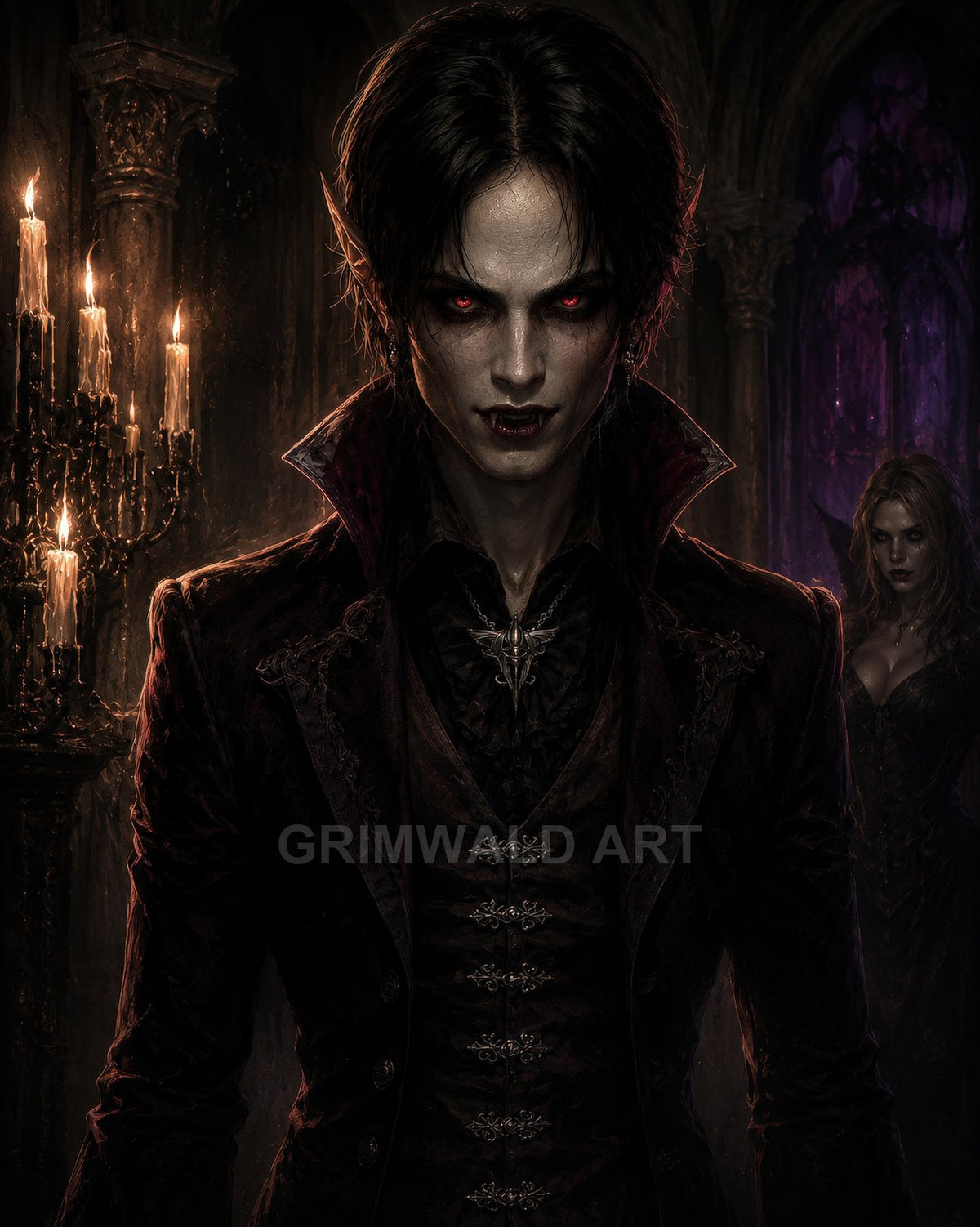 Gothic vampire noble with red glowing eyes and fangs stands in a candlelit cathedral, wearing an ornate dark coat and pendant; another figure watches behind.