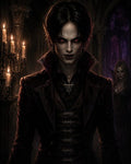GRID THUMBNAIL — Gothic vampire noble with red glowing eyes and fangs stands in a candlelit cathedral, wearing an ornate dark coat and pendant; another figure watches behind.