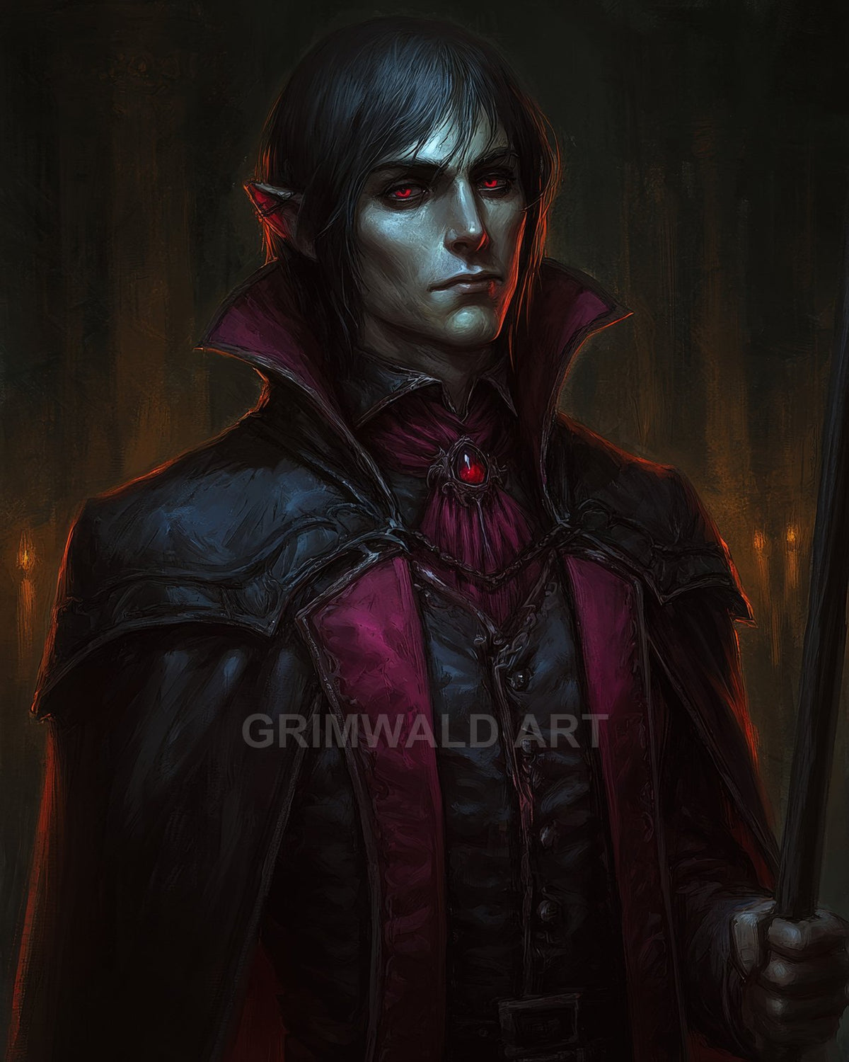 A pale male vampire with glowing red eyes in a high-collared black cloak and crimson trim, holding a staff in a candlelit interior.