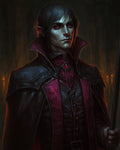 GRID THUMBNAIL — A pale male vampire with glowing red eyes in a high-collared black cloak and crimson trim, holding a staff in a candlelit interior.