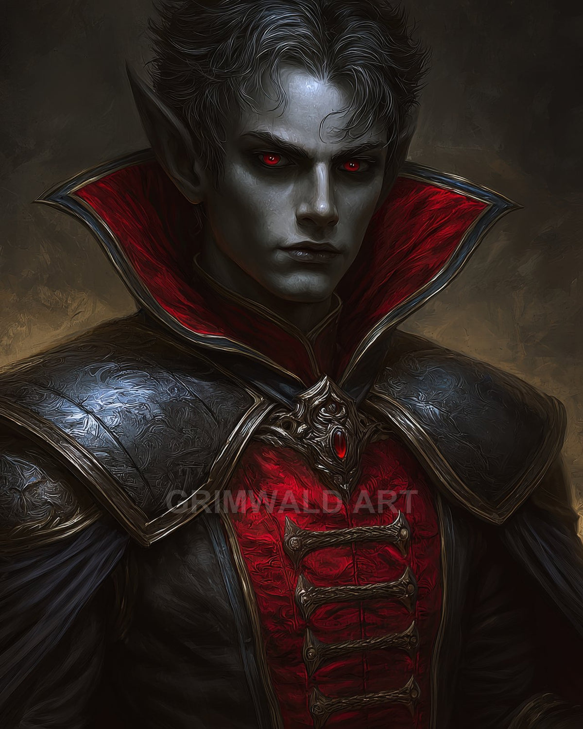 Portrait of a pale, red-eyed vampire noble in ornate black armour with crimson high collar, facing forward against a shadowy background, gothic dark fantasy.