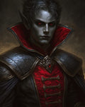 GRID THUMBNAIL — Portrait of a pale, red-eyed vampire noble in ornate black armour with crimson high collar, facing forward against a shadowy background, gothic dark fantasy.