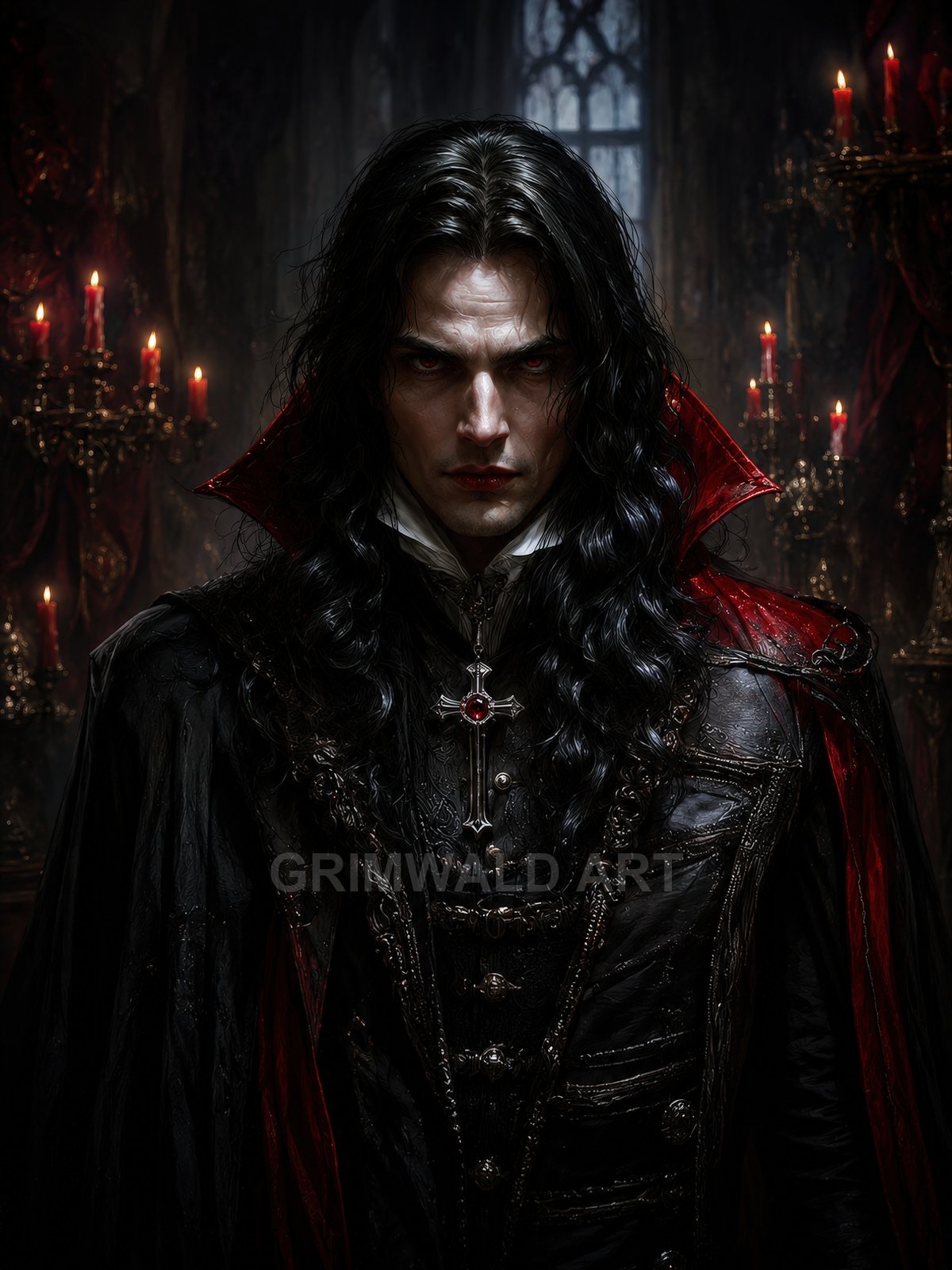 Brooding male vampire in ornate black coat and red-lined cloak, red eyes gleaming, firelit candelabras and gothic window behind in cathedral interior.