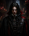 GRID THUMBNAIL — Brooding male vampire in ornate black coat and red-lined cloak, red eyes gleaming, firelit candelabras and gothic window behind in cathedral interior.