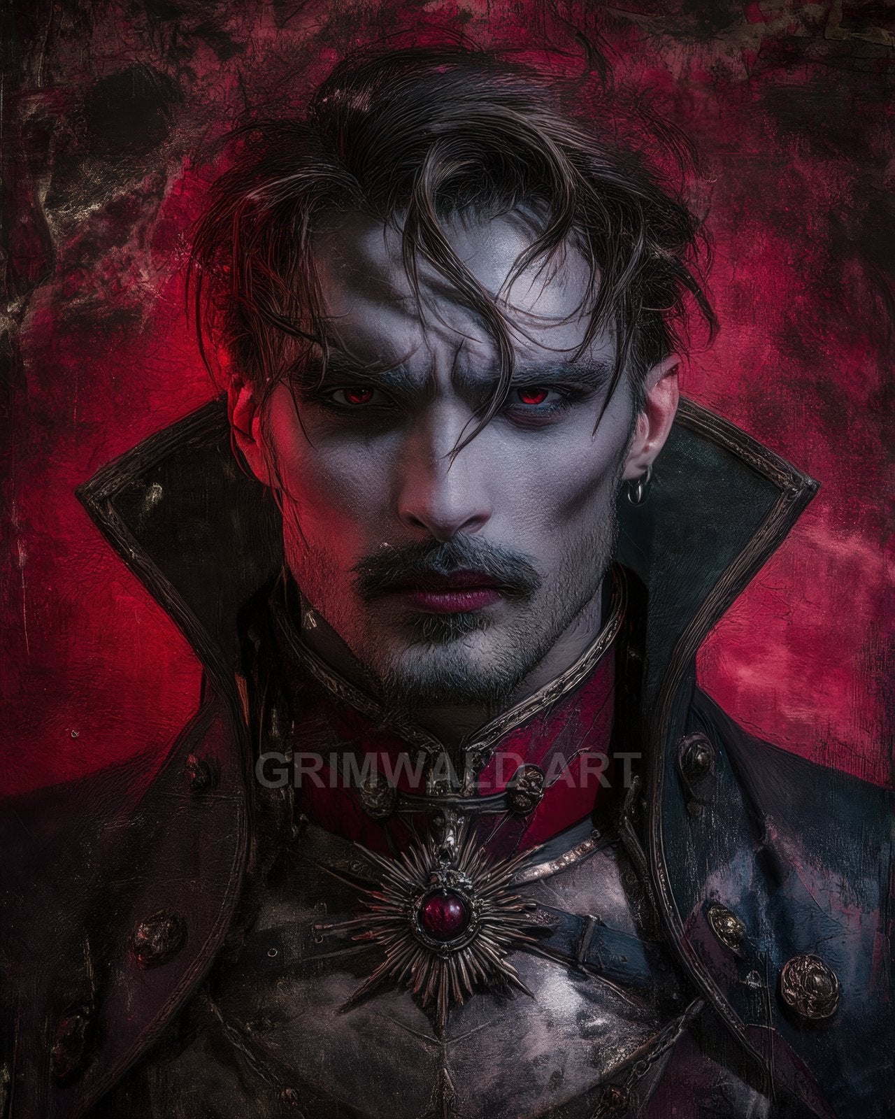 Close-up gothic portrait of a pale male vampire with red eyes, high collar, ornate ruby medallion and dark armour against a textured crimson background.