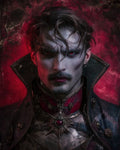 GRID THUMBNAIL — Close-up gothic portrait of a pale male vampire with red eyes, high collar, ornate ruby medallion and dark armour against a textured crimson background.
