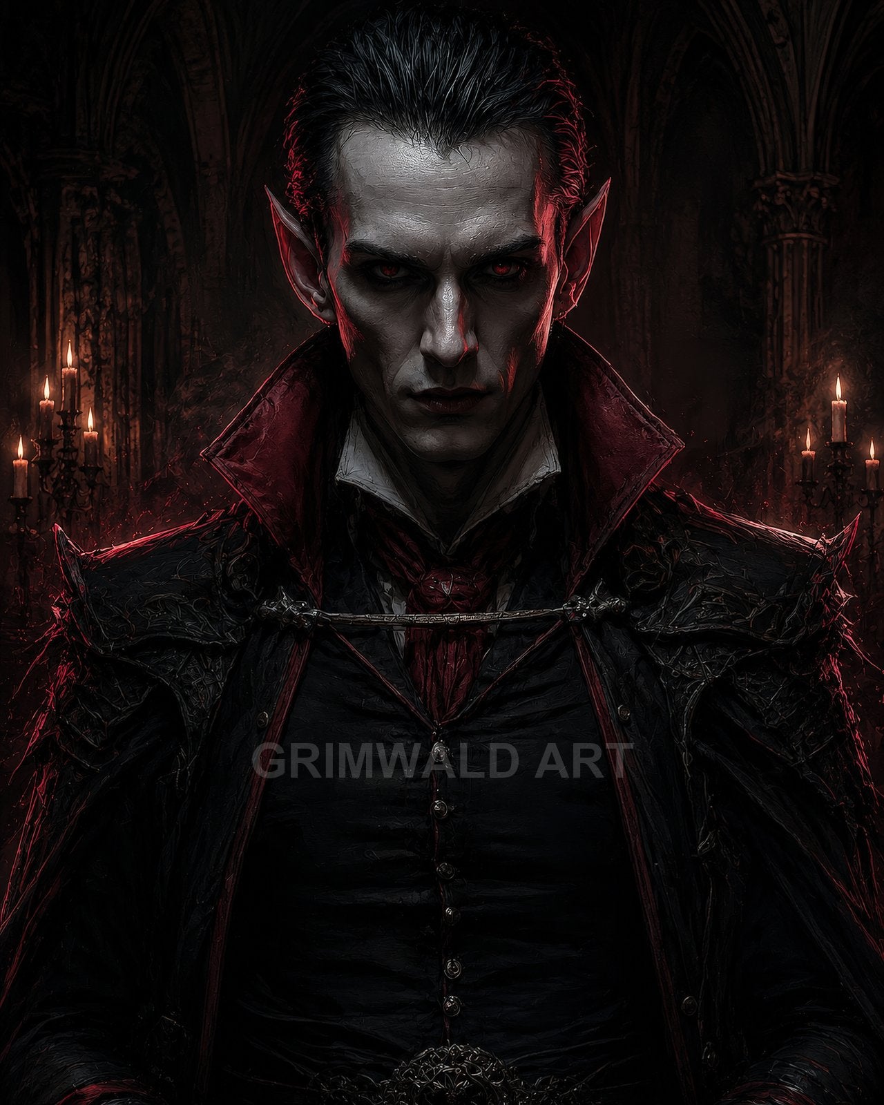 Gothic portrait of a pale, red-eyed vampire noble in dark ornate armour and high collar, lit by candles in a shadowy cathedral interior.