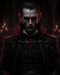 GRID THUMBNAIL — Gothic portrait of a pale, red-eyed vampire noble in dark ornate armour and high collar, lit by candles in a shadowy cathedral interior.