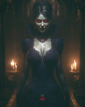 GRID THUMBNAIL — Dark fantasy portrait of a pale vampire woman with glowing red eyes in ornate black corset, standing in a candlelit cathedral.