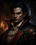GRID THUMBNAIL — Portrait of a male vampire with red eyes and pointed ears, wearing ornate armour and ruffled shirt, in candlelit gothic castle interior.
