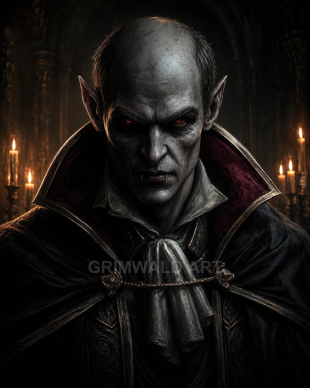 Portrait of a pale male vampire with red eyes and fangs in a candlelit gothic castle, wearing a high-collared cloak.