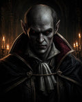 GRID THUMBNAIL — Portrait of a pale male vampire with red eyes and fangs in a candlelit gothic castle, wearing a high-collared cloak.
