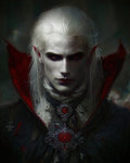 GRID THUMBNAIL — Pale white-haired vampire with red eyes and a high red-lined collar, wearing ornate black attire and a jewelled crimson pendant, frontal gothic portrait.