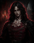 GRID THUMBNAIL — Pale, red-eyed vampire noble in ornate red and black attire with lace cravat and chains, candlelit within a shadowy gothic cathedral interior.