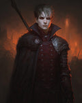 GRID THUMBNAIL — A pale, red-eyed vampire noble in black and crimson armour stands before a firelit castle, cloak billowing, expression cold and ominous.