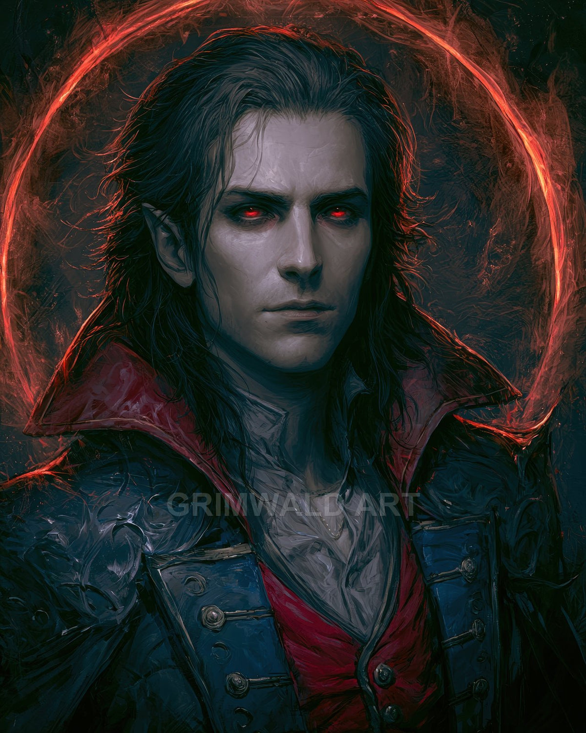 Moody portrait of a pale male vampire with glowing red eyes, high-collared coat, and a fiery red halo on dark background.