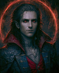 GRID THUMBNAIL — Moody portrait of a pale male vampire with glowing red eyes, high-collared coat, and a fiery red halo on dark background.