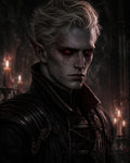GRID THUMBNAIL — Dark fantasy portrait of a pale male vampire with red glowing eyes, pointed ears and ornate black armour, lit by candles in a shadowed interior.