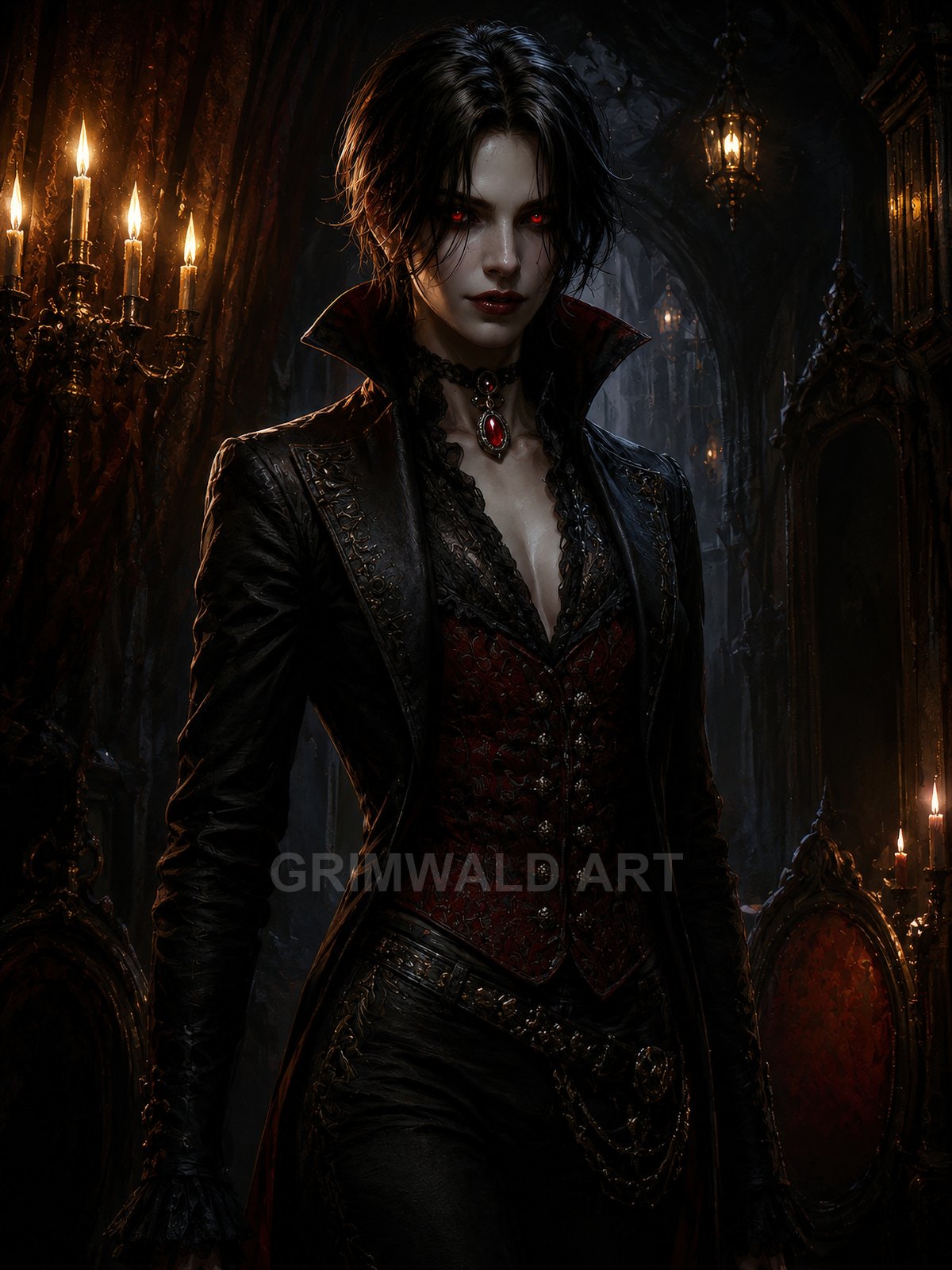 A pale, red-eyed female vampire in ornate black and crimson attire stands in a candlelit gothic interior, wearing a ruby pendant.