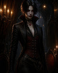 GRID THUMBNAIL — A pale, red-eyed female vampire in ornate black and crimson attire stands in a candlelit gothic interior, wearing a ruby pendant.