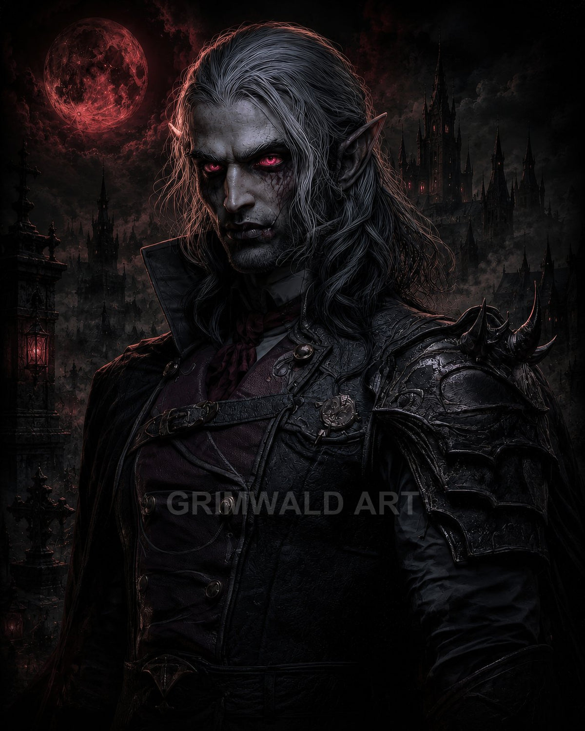 Brooding male vampire with silver hair and red glowing eyes in ornate black armour, before a gothic castle under a blood-red moon.