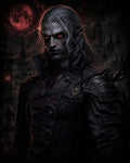 GRID THUMBNAIL — Brooding male vampire with silver hair and red glowing eyes in ornate black armour, before a gothic castle under a blood-red moon.